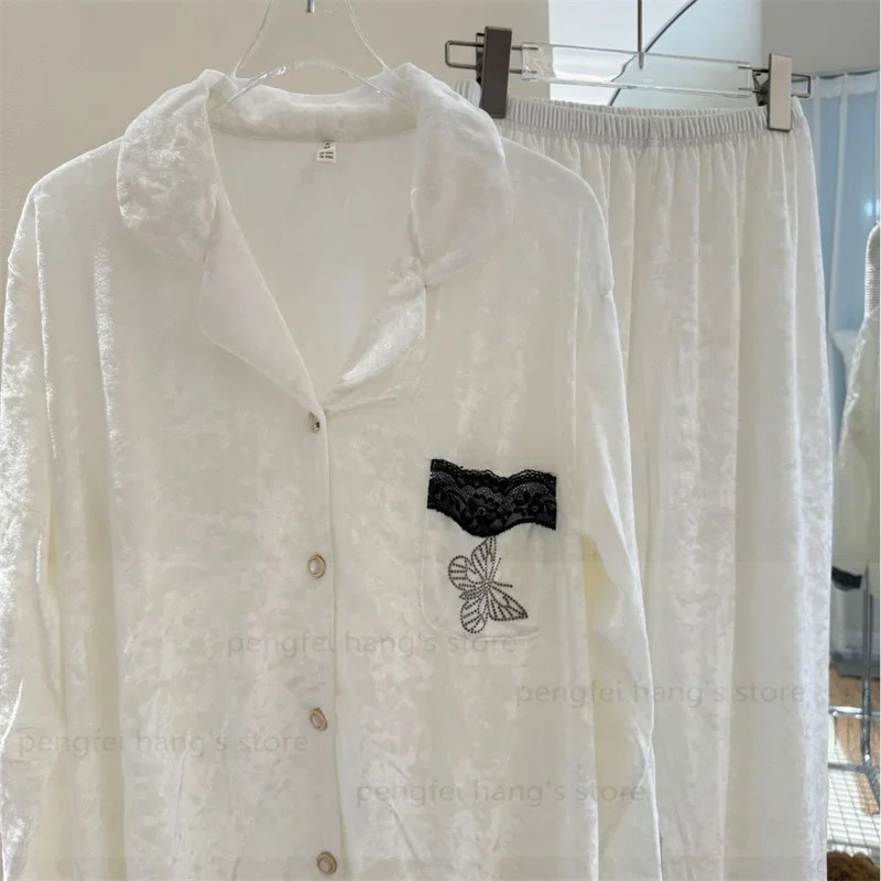 Ночная рубашка с карманами-бабочками, роскошная пижама с кружевной отделкой, мягкие пижамные комплекты, зимняя домашняя одежда, велюровая одежда для сна, теплая пижама De Mujer 
Ночная рубашка с карманами-бабочками, роскошная пижама с кружевной отделкой, мягкие пижамные комплекты, зимняя домашняя одежда, велюровая одежда для сна, теплая пижама De Mujer