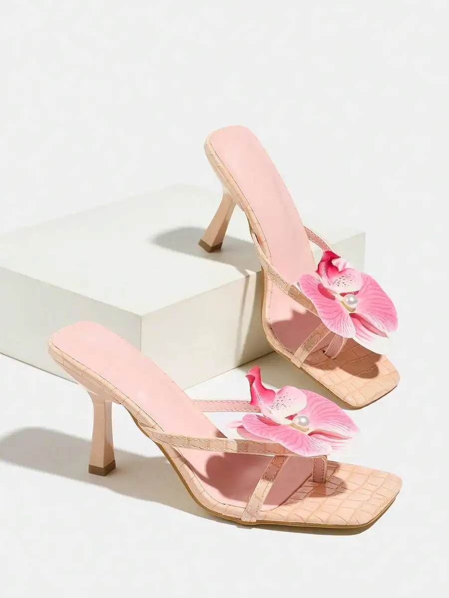 Womens Floral Pearl Thong Mule Heels Pink Square Toe Stiletto Sandals For Party Dress
Womens Floral Pearl Thong Mule Heels Pink Square Toe Stiletto Sandals For Party Dress