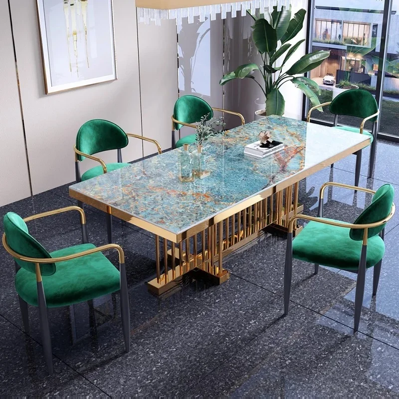 SENTEWO Free Shipping Italian Luxury Rock Slab Dining Table Set 4 Chairs Golden Frame Dinner Tables With Chair Kitchen Furniture
SENTEWO Free Shipping Italian Luxury Rock Slab Dining Table Set 4 Chairs Golden Frame Dinner Tables With Chair Kitchen Furniture