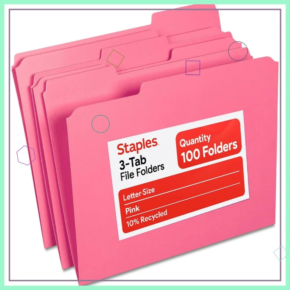 Colored File Folders, Letter Size, 3-Tab, Pink, 100-Pack, Heavy-Duty Paper
Colored File Folders, Letter Size, 3-Tab, Pink, 100-Pack, Heavy-Duty Paper