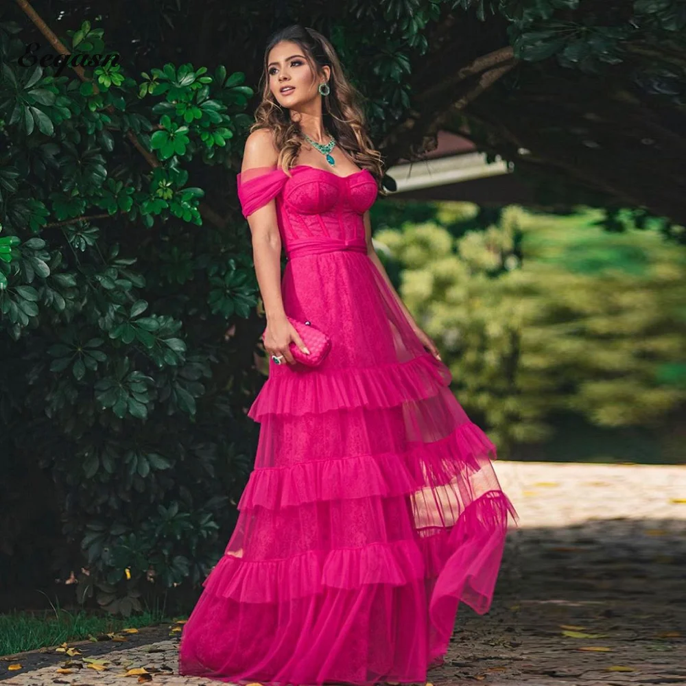 Fuschia Lace A-line Evening Dress Off the Shulder Tiered Strapless Prom Gown Floor Length Robe Women Party Event Holiday
Fuschia Lace A-line Evening Dress Off the Shulder Tiered Strapless Prom Gown Floor Length Robe Women Party Event Holiday