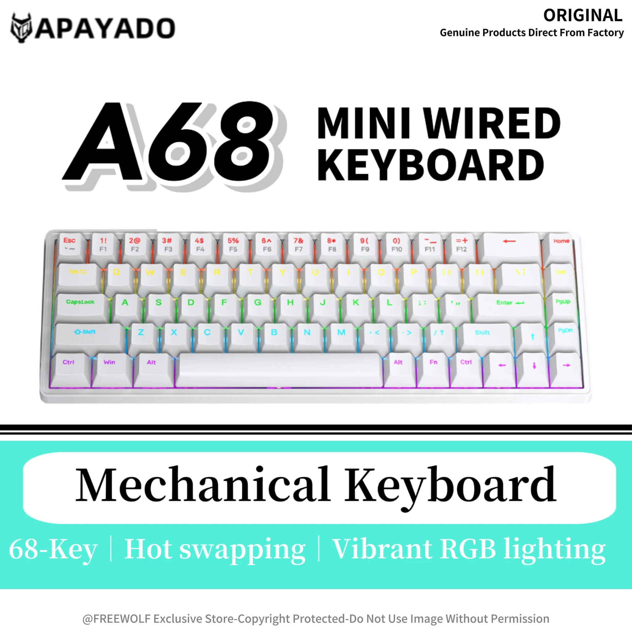 Мини-клавиатура на 68 клавиш A68 RGB, механическая клавиатура APAYADO с боковыми колпачками для клавиш, полностью сменными клавишами, проводным подключением.
Мини-клавиатура на 68 клавиш A68 RGB, механическая клавиатура APAYADO с боковыми колпачками для клавиш, полностью сменными клавишами, проводным подключением.