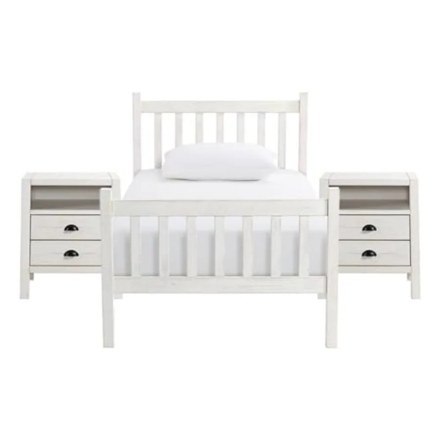 Windsor 3-Piece Bedroom Set, Twin Slat Bed with Rustic White Finish, Includes 2 Nightstands with Metal Glides and Black Drawer
Windsor 3-Piece Bedroom Set, Twin Slat Bed with Rustic White Finish, Includes 2 Nightstands with Metal Glides and Black Drawer