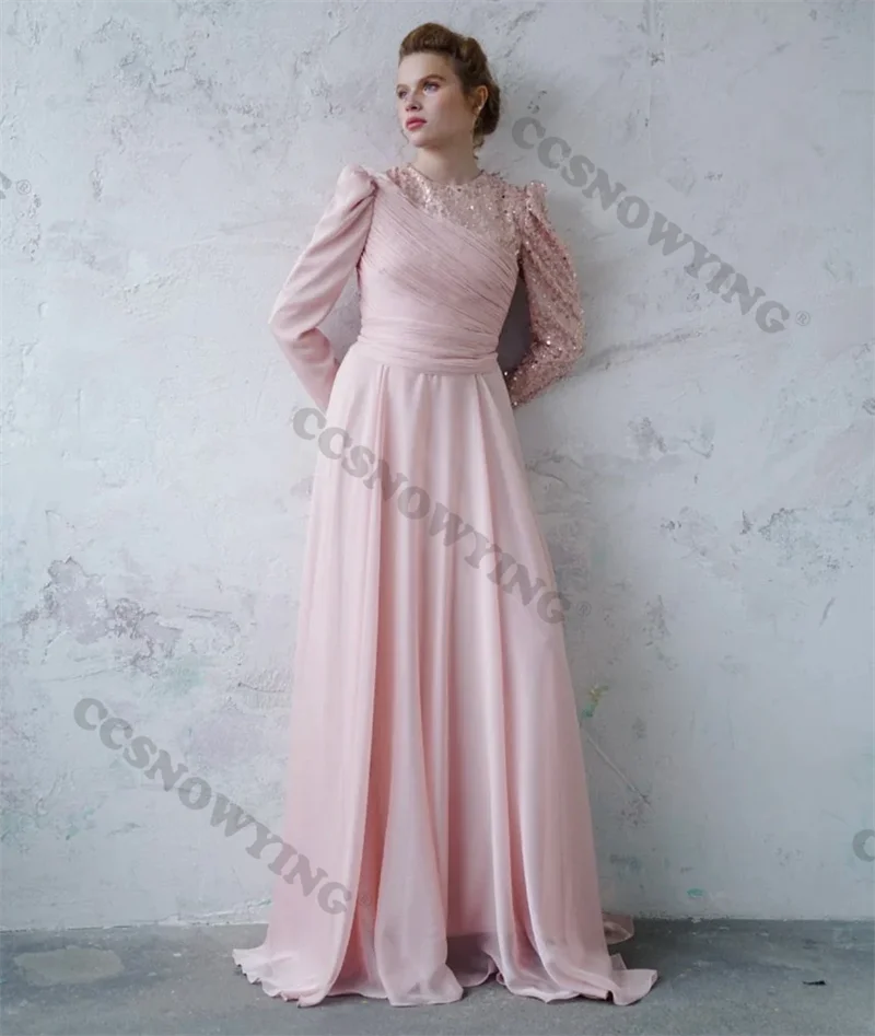 Pink Chiffon Sequin Muslim Evening Dresses Islamic Long Sleeve Hijab Formal Party Gowns Arabic Dubai Women Robes De Soirée
Pink Chiffon Sequin Muslim Evening Dresses Islamic Long Sleeve Hijab Formal Party Gowns Arabic Dubai Women Robes De Soirée