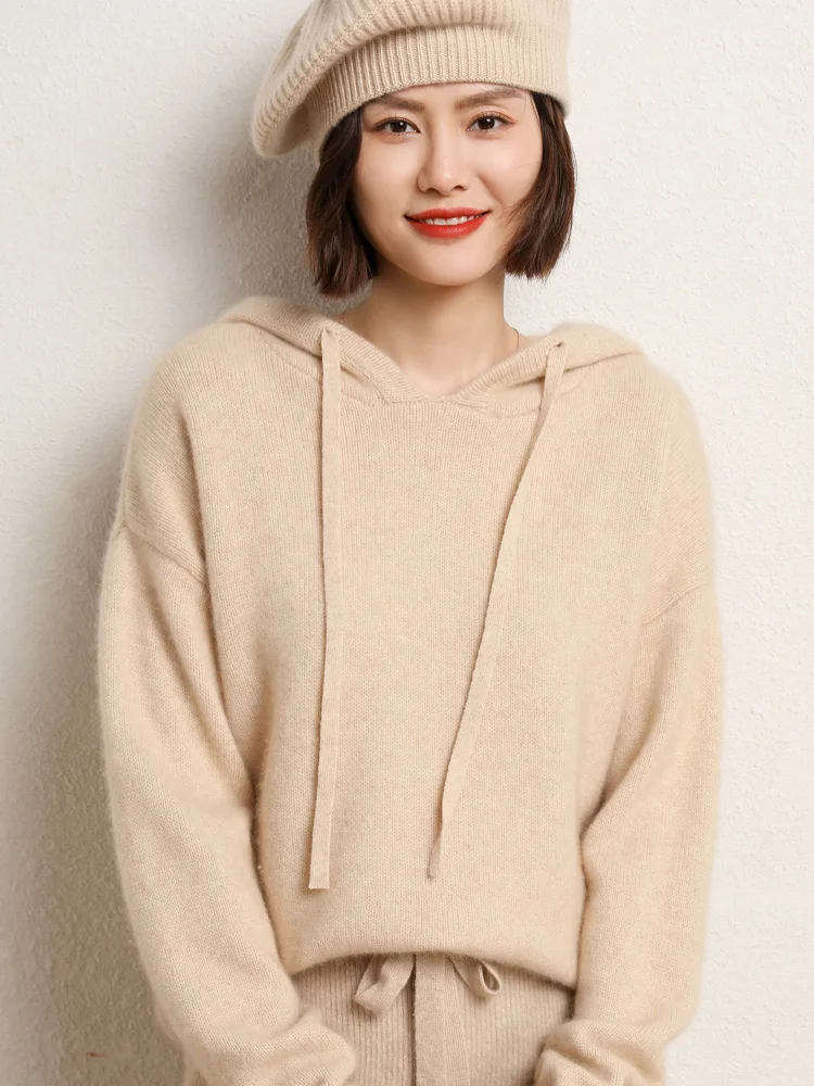 Autumn Spring Hooded Cashmere Sweater Female Pullover Loose 100% Pure Wool Hoodie Languid Lazy Wind Knitting Base Hoodie
Autumn Spring Hooded Cashmere Sweater Female Pullover Loose 100% Pure Wool Hoodie Languid Lazy Wind Knitting Base Hoodie