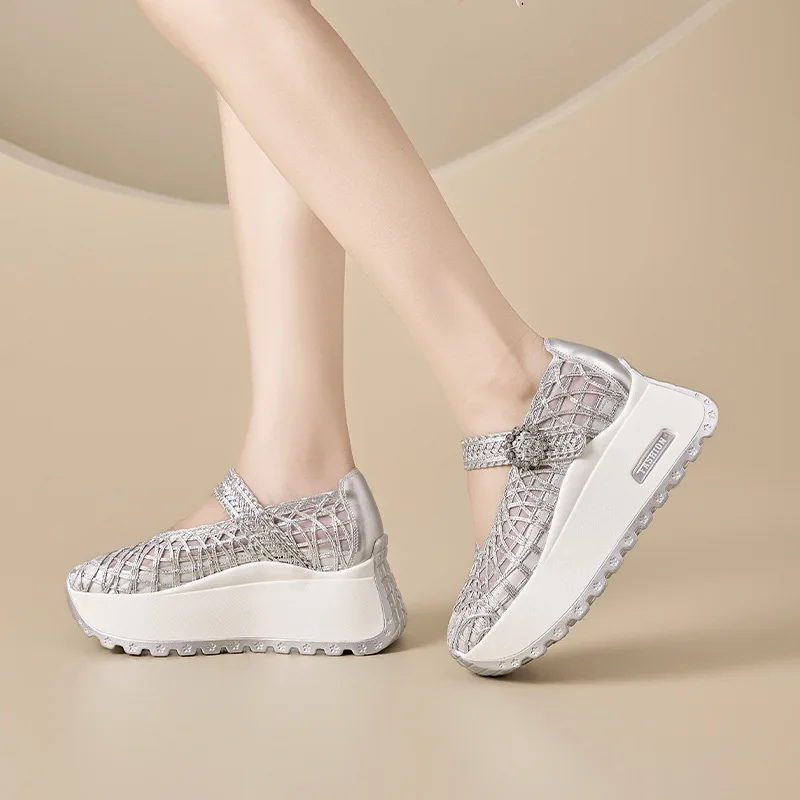 Woman's Mesh Hollow Platform Wedge Sneakers Bling Rhinestone Buckle Breathable Summer Height Increasing Casual Walking Shoes
Woman's Mesh Hollow Platform Wedge Sneakers Bling Rhinestone Buckle Breathable Summer Height Increasing Casual Walking Shoes
