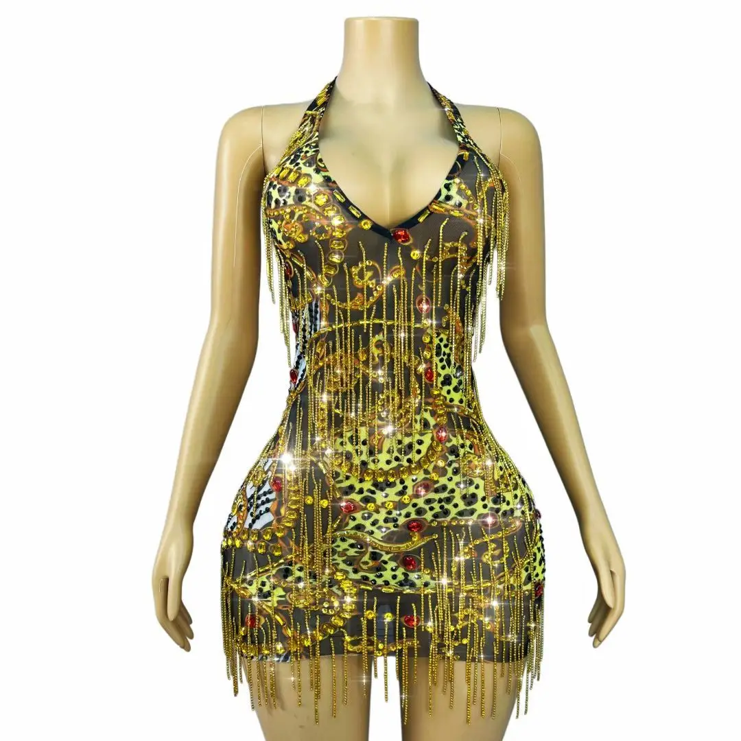 Dajinlian Gold Leopard Print Rhinestone Fringe Halter Dress Women Sexy Sheer Mesh Mini Dress for Nightclub Party Stage Performan
Dajinlian Gold Leopard Print Rhinestone Fringe Halter Dress Women Sexy Sheer Mesh Mini Dress for Nightclub Party Stage Performan