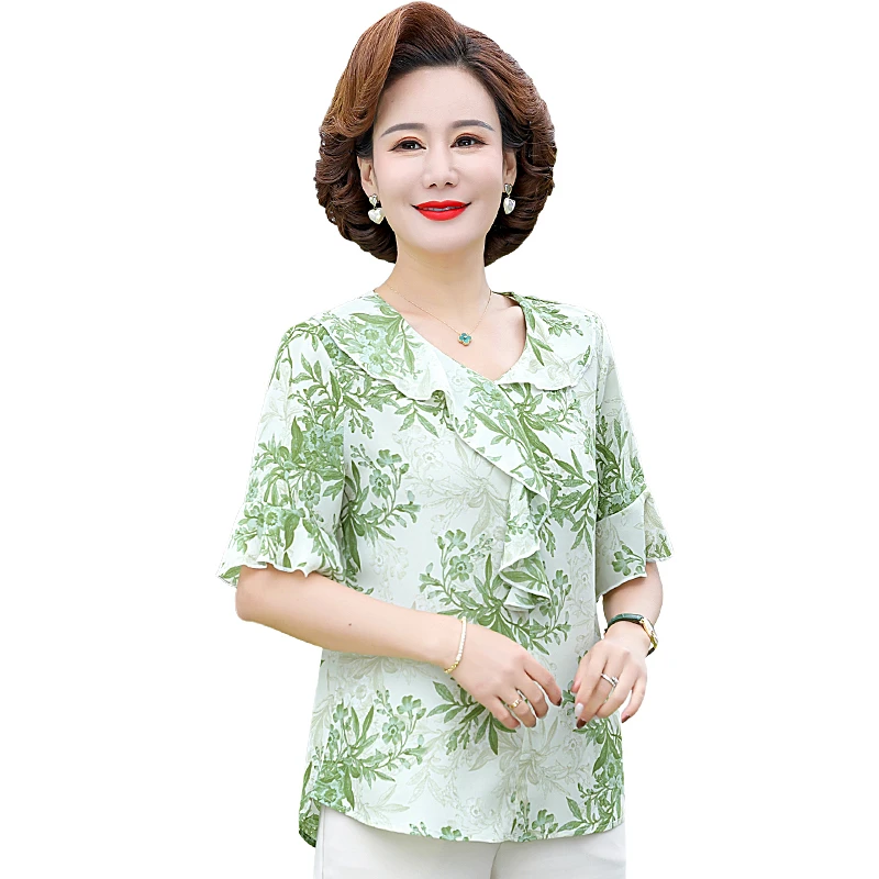 Women Summer New Casual Ruffled edge Short Sleeve O-neck Chiffon Loose Print Blouse Female Middle Age Mother Shirt Tops
Women Summer New Casual Ruffled edge Short Sleeve O-neck Chiffon Loose Print Blouse Female Middle Age Mother Shirt Tops