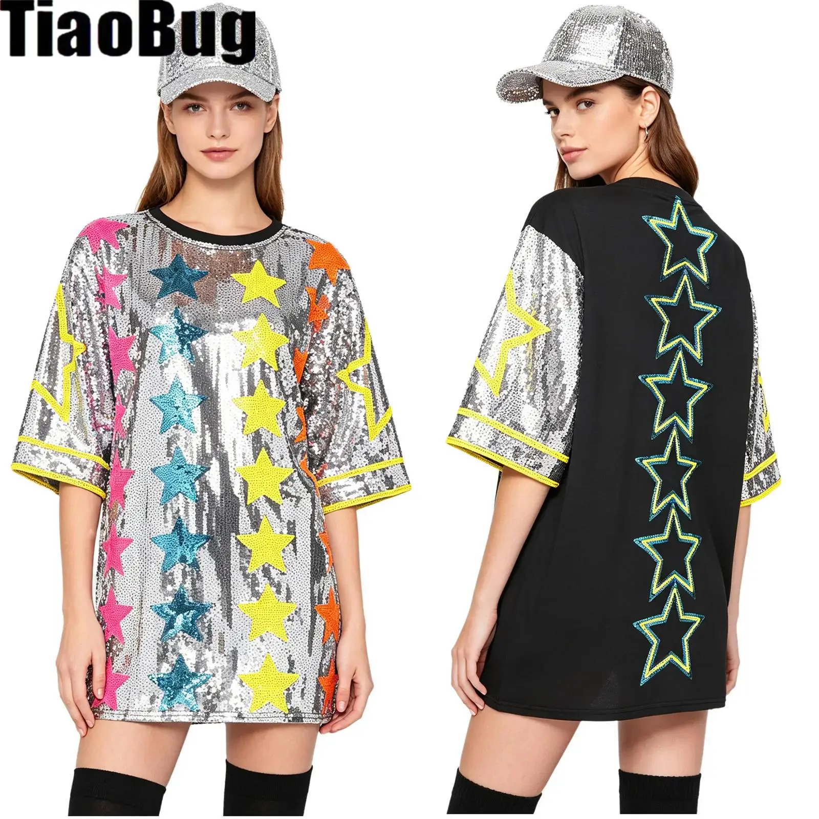 Women Star Pattern Oversize T-shirt Sequin T-shirt Dress Crew Neck Half Sleeve Color Blocking T-shirt for Matches Festival Party
Women Star Pattern Oversize T-shirt Sequin T-shirt Dress Crew Neck Half Sleeve Color Blocking T-shirt for Matches Festival Party