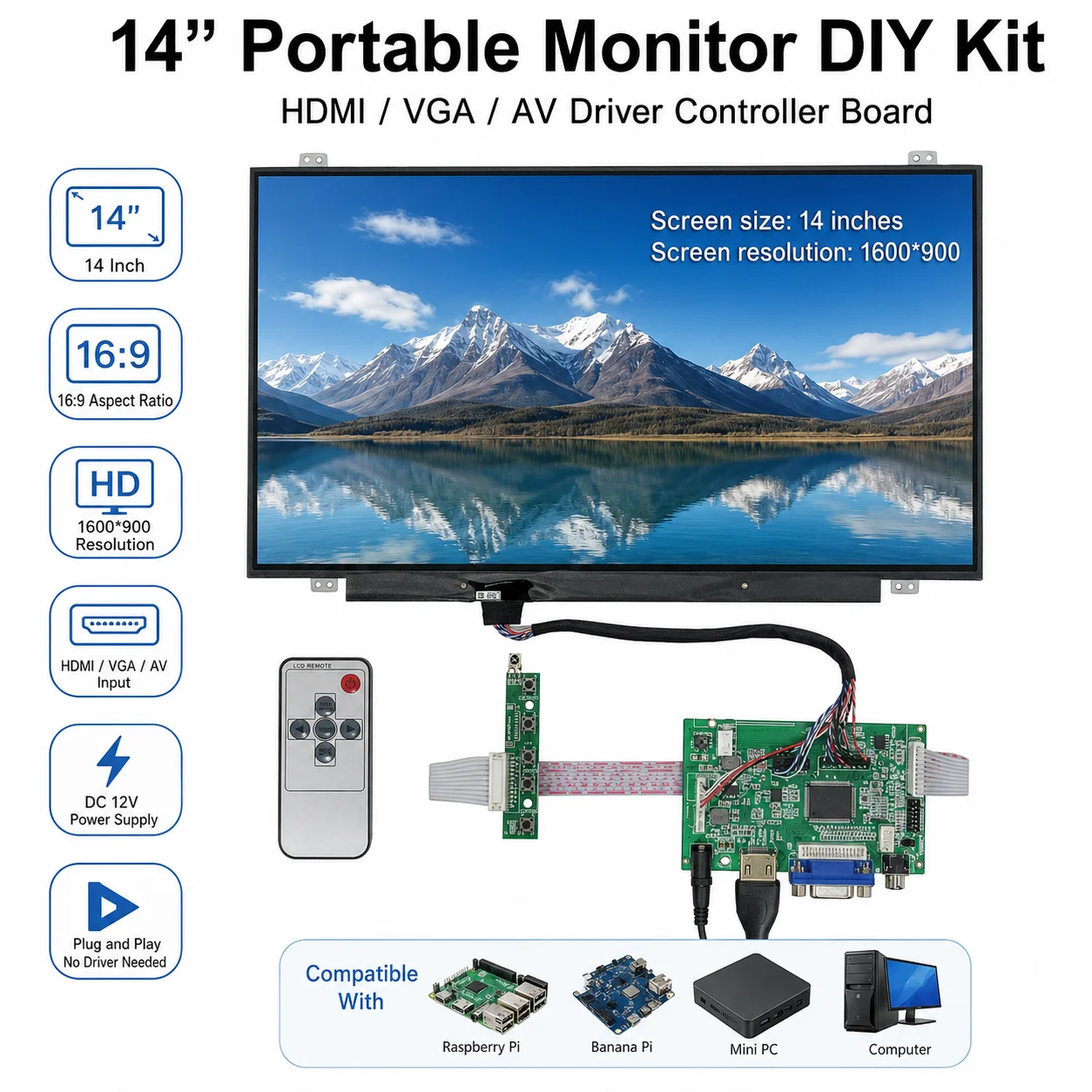 14 Inch LCD Screen Display Monitor Driver Control Board 2AV VGA HDMI-Compatibl For Raspberry Banana/Orange Pi PC Mini Computer
14 Inch LCD Screen Display Monitor Driver Control Board 2AV VGA HDMI-Compatibl For Raspberry Banana/Orange Pi PC Mini Computer