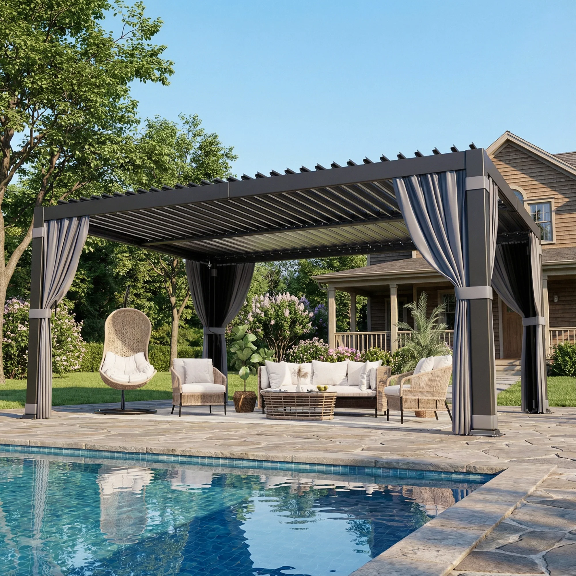 12x16FT Louvered Pergola, Outdoor Pergola with 2 Independent Adjustable Roof and Drainage System, Aluminum Pavilion with Curtains & Netting, Hardtop Gazebo for Patio, Deck, Garden, Dark Gray
12x16FT Louvered Pergola, Outdoor Pergola with 2 Independent Adjustable Roof and Drainage System, Aluminum Pavilion with Curtains & Netting, Hardtop Gazebo for Patio, Deck, Garden, Dark Gray