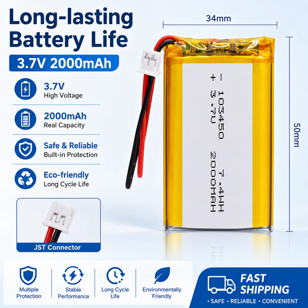 3.7V 2000mAh 103450 Li‑Po Battery with JST‑PH 2.0 Connector for Digital Camera Intercom Gamepad GPS Replacement
3.7V 2000mAh 103450 Li‑Po Battery with JST‑PH 2.0 Connector for Digital Camera Intercom Gamepad GPS Replacement