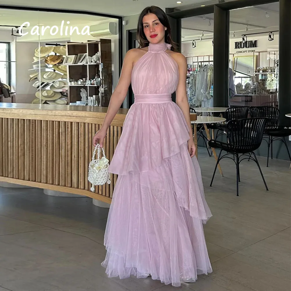 Carolina Customized Pink Halter Tiered Backless Formal Evening Dress Sleeveless A-line Tulle vestidos de noiva Floor-length 2025
Carolina Customized Pink Halter Tiered Backless Formal Evening Dress Sleeveless A-line Tulle vestidos de noiva Floor-length 2025