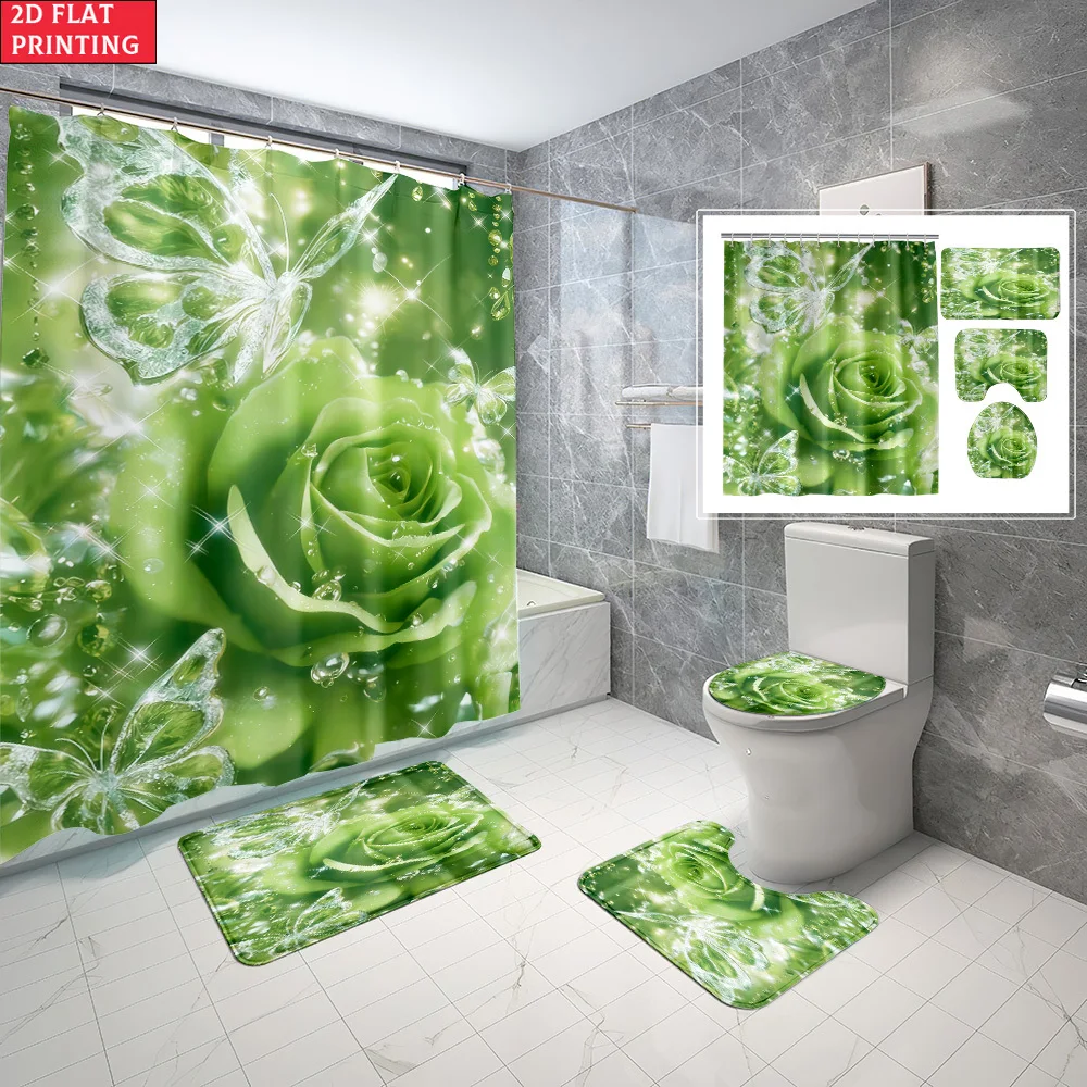 1pc/4pcs Shower Curtain and Bath Mat Set with Green Rose And Butterfly Pattern Print Non-Slip Bathroom Decor, with 12 hooks
1pc/4pcs Shower Curtain and Bath Mat Set with Green Rose And Butterfly Pattern Print Non-Slip Bathroom Decor, with 12 hooks