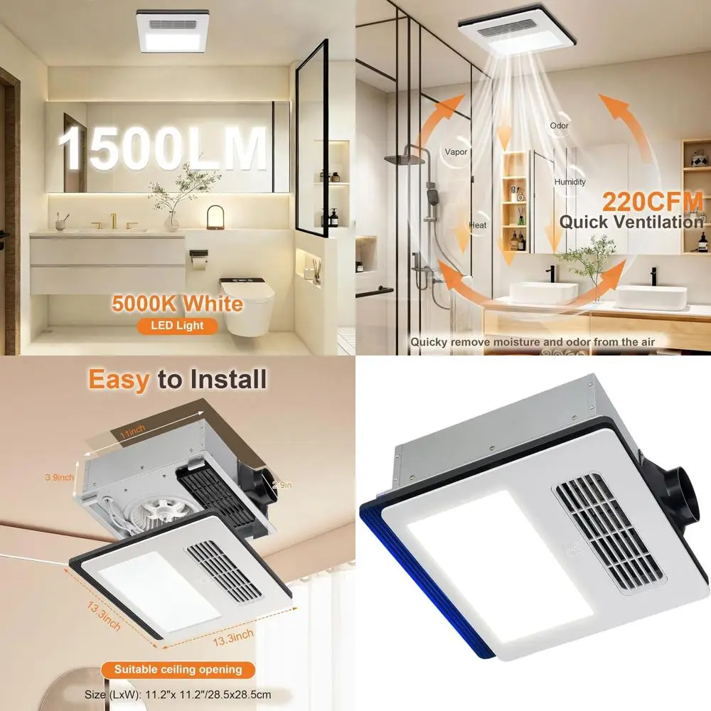 1800W 4-in-1 Bathroom Exhaust Fan with Light, Heater, Remote Control, and 12W LED
1800W 4-in-1 Bathroom Exhaust Fan with Light, Heater, Remote Control, and 12W LED