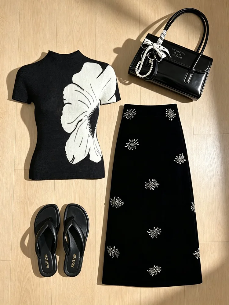 Summer Fashion High Waist Straight Leg Long Skirt Set Women's Short Sleeve Printed Top Heavy Embellished Casual Commute Style
Summer Fashion High Waist Straight Leg Long Skirt Set Women's Short Sleeve Printed Top Heavy Embellished Casual Commute Style