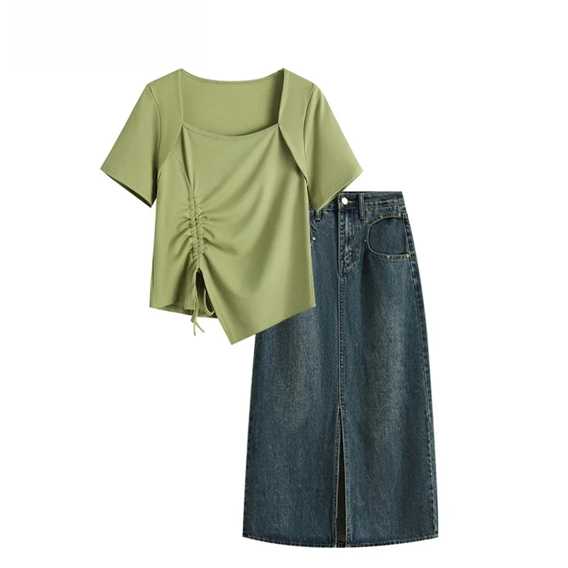 Fashionable Slimming Large Size Summer Set Women's T-Shirt Denim Skirt Two-Piece Suit High Waist Commute Style round Nec...
Fashionable Slimming Large Size Summer Set Women's T-Shirt Denim Skirt Two-Piece Suit High Waist Commute Style round Nec...