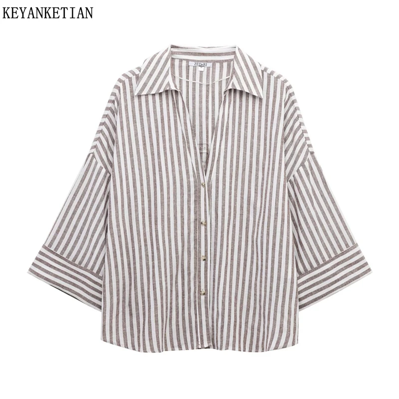 KEYANKETIAN Summer New Women's Linen Striped Shirt Leisure style Turn Down Collar Single Breasted Oversize Blouse Loose Top Thin
KEYANKETIAN Summer New Women's Linen Striped Shirt Leisure style Turn Down Collar Single Breasted Oversize Blouse Loose Top Thin