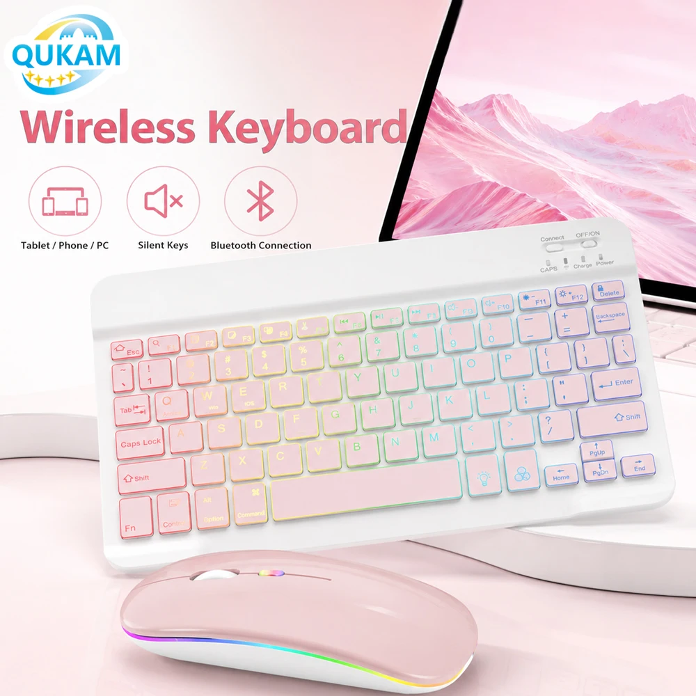 QUKAM RGB Wireless Keyboard Mouse For iPad Xiaomi Samsung iOS Android Windows Tablet Phone PC Backlit Bluetooth Keyboard Spanish