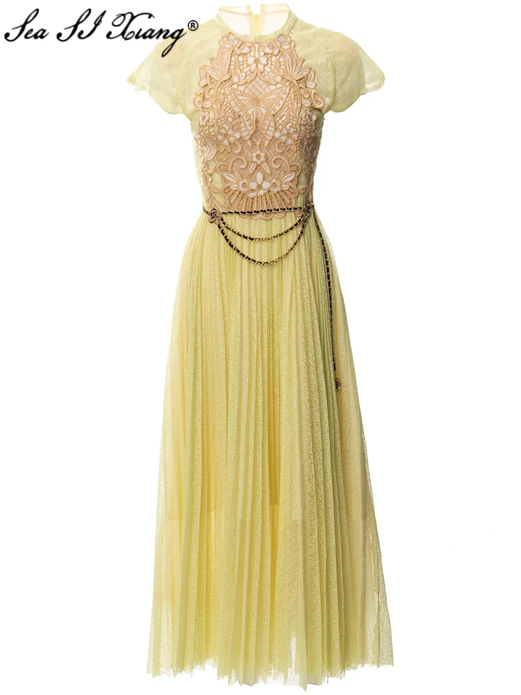 Seasixiang Fashion Designer Summer Floral Embroidery Dress Women's O-Neck Short Sleeve Chain Sashes Vintage Pleated Dresses
Seasixiang Fashion Designer Summer Floral Embroidery Dress Women's O-Neck Short Sleeve Chain Sashes Vintage Pleated Dresses
