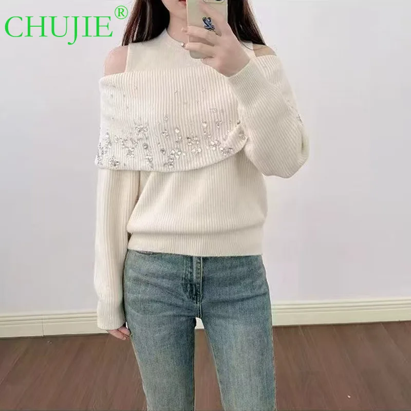 CHUJIE 2022, осень-зима, новый нишевый дизайн, элегантный вязаный свитер из двух частей со стразами и круглым вырезом, с открытыми плечами 
CHUJIE 2022, осень-зима, новый нишевый дизайн, элегантный вязаный свитер из двух частей со стразами и круглым вырезом, с открытыми плечами