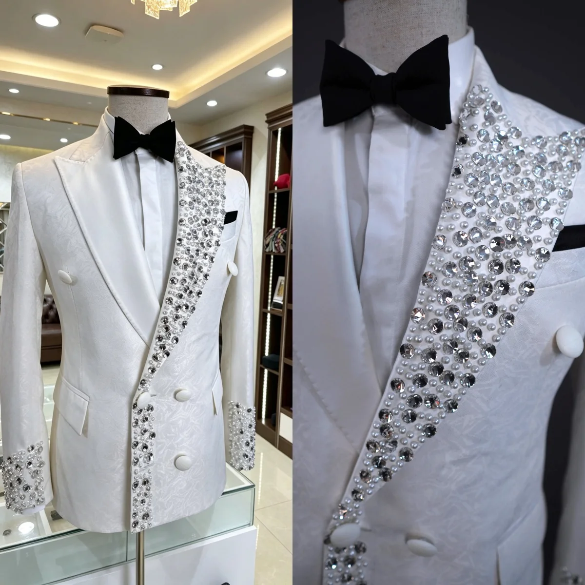 Crystal Pearls Men's Wedding Suit Blazers Peaked Lapel Double Breasted Tuxedos Jacket For Male Groom Wear Only Coat Customized
Crystal Pearls Men's Wedding Suit Blazers Peaked Lapel Double Breasted Tuxedos Jacket For Male Groom Wear Only Coat Customized