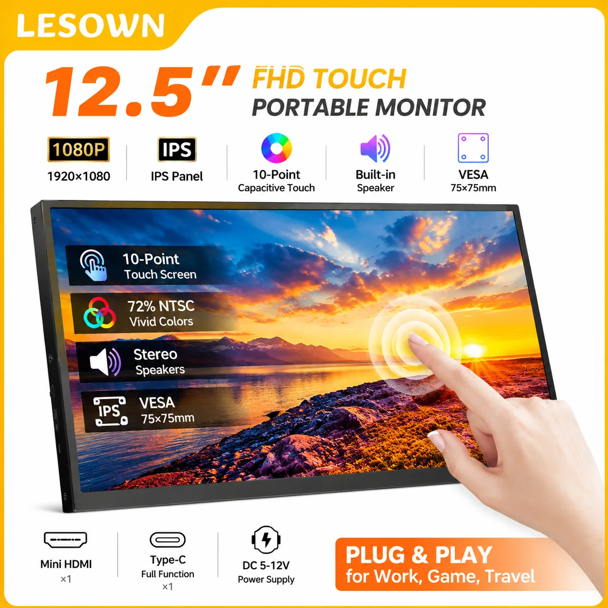 LESOWN 12.5 Inch Portable Monitor 1920x1080 IPS Touchscreen Driver-free Travel Display with Speakers for Laptop
LESOWN 12.5 Inch Portable Monitor 1920x1080 IPS Touchscreen Driver-free Travel Display with Speakers for Laptop
