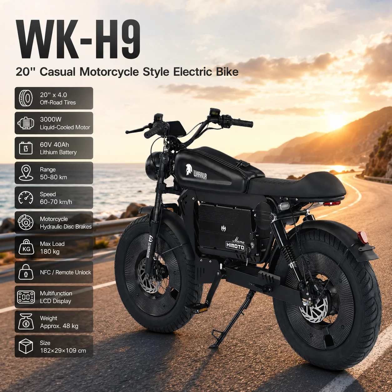 3000W Electric Bike for Adults 60V 40Ah Battery 20x4.0 Fat Tire Motorcycle Style E-Bike 60-70km/h Long Range Off-Road Bicycle
3000W Electric Bike for Adults 60V 40Ah Battery 20x4.0 Fat Tire Motorcycle Style E-Bike 60-70km/h Long Range Off-Road Bicycle