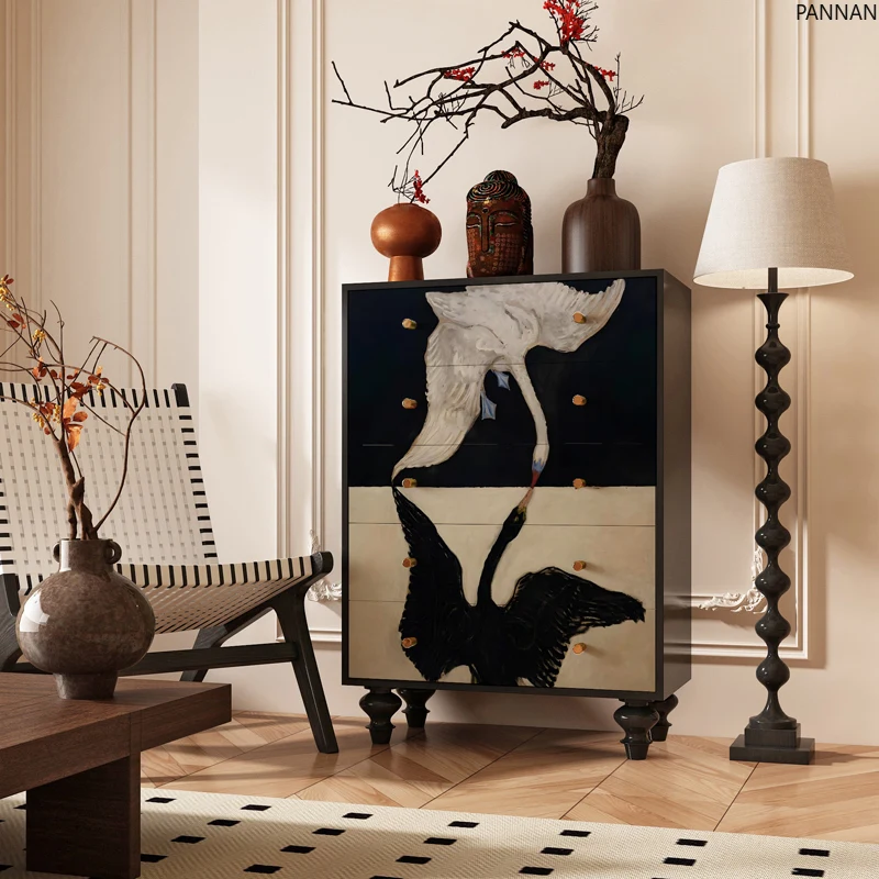 French solid wood chest of drawers swan painted decorative cabinet living room retro locker
French solid wood chest of drawers swan painted decorative cabinet living room retro locker