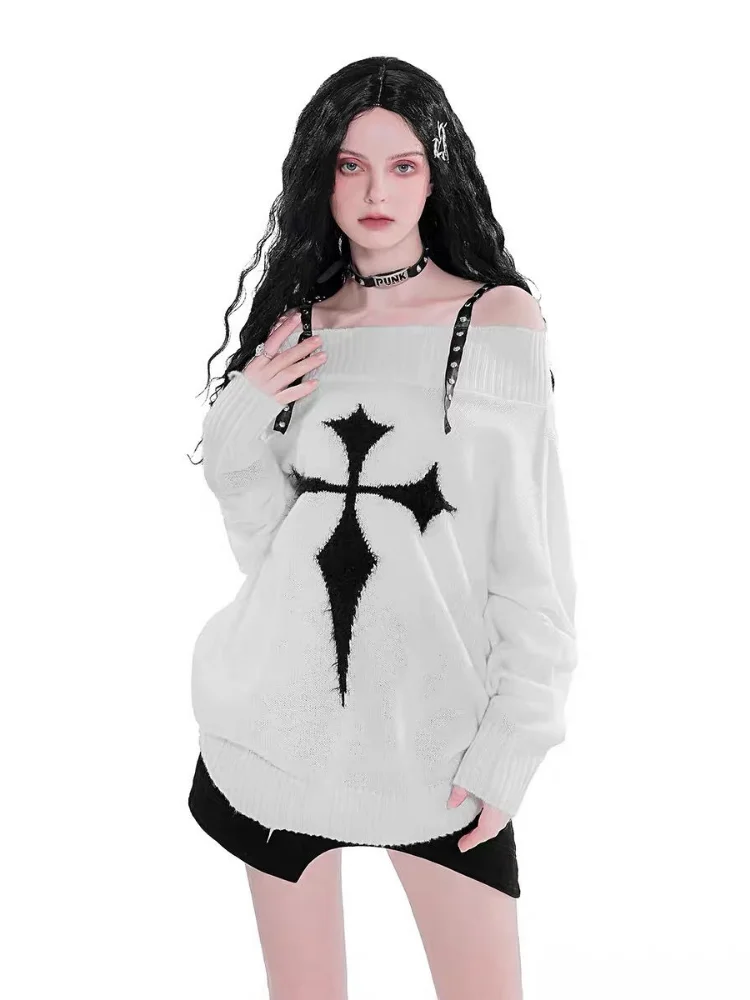 2022 Autumn Long Sleeve Gothic Harajuku Punk Sweater Women Pullovers Y2k Goth Dark Grunge Off Shoulder Knitted Tops
2022 Autumn Long Sleeve Gothic Harajuku Punk Sweater Women Pullovers Y2k Goth Dark Grunge Off Shoulder Knitted Tops