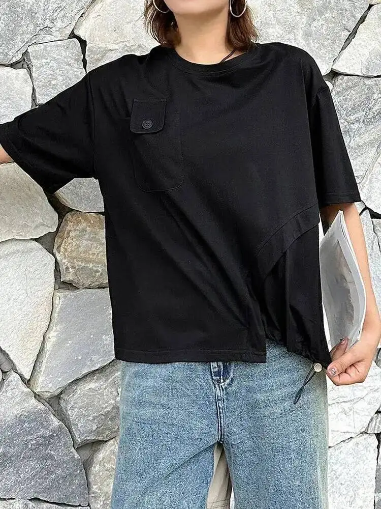 Women Black Pocket Drawstring Irregular Big Size T-shirt New Round Neck Short Sleeve Fashion Spring Summer
Women Black Pocket Drawstring Irregular Big Size T-shirt New Round Neck Short Sleeve Fashion Spring Summer