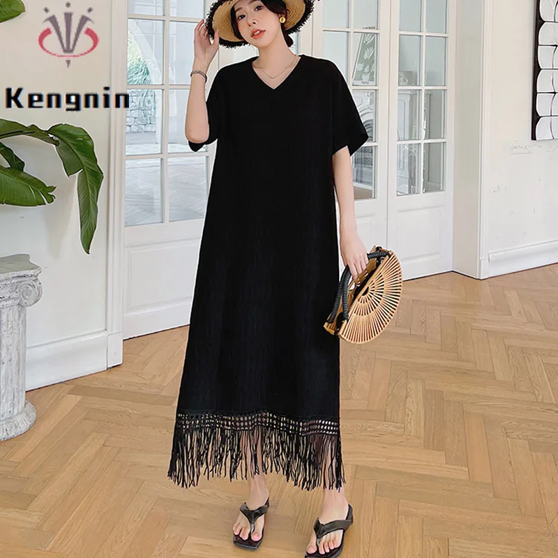 New 2023 Summer Loose Plus Size Women Dresses Ribbed Patchwork Lace Black Dress Tassel Lady Vestidos V-Neck Female Robe KE3382
New 2023 Summer Loose Plus Size Women Dresses Ribbed Patchwork Lace Black Dress Tassel Lady Vestidos V-Neck Female Robe KE3382