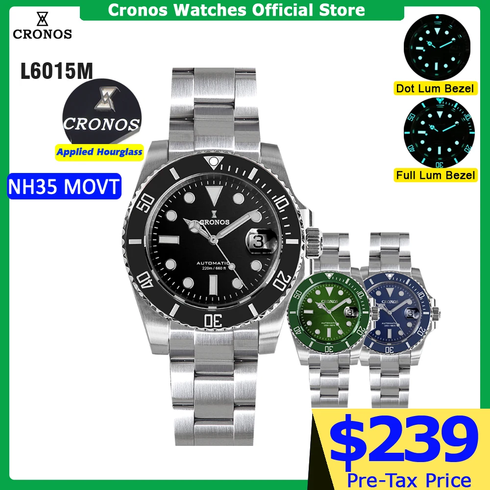 Cronos Sub Diver Men Watch Stainless Steel NH35 Brushed Bracelet Ceramic Bezel 200 meters Water Resistant L6015M
Cronos Sub Diver Men Watch Stainless Steel NH35 Brushed Bracelet Ceramic Bezel 200 meters Water Resistant L6015M