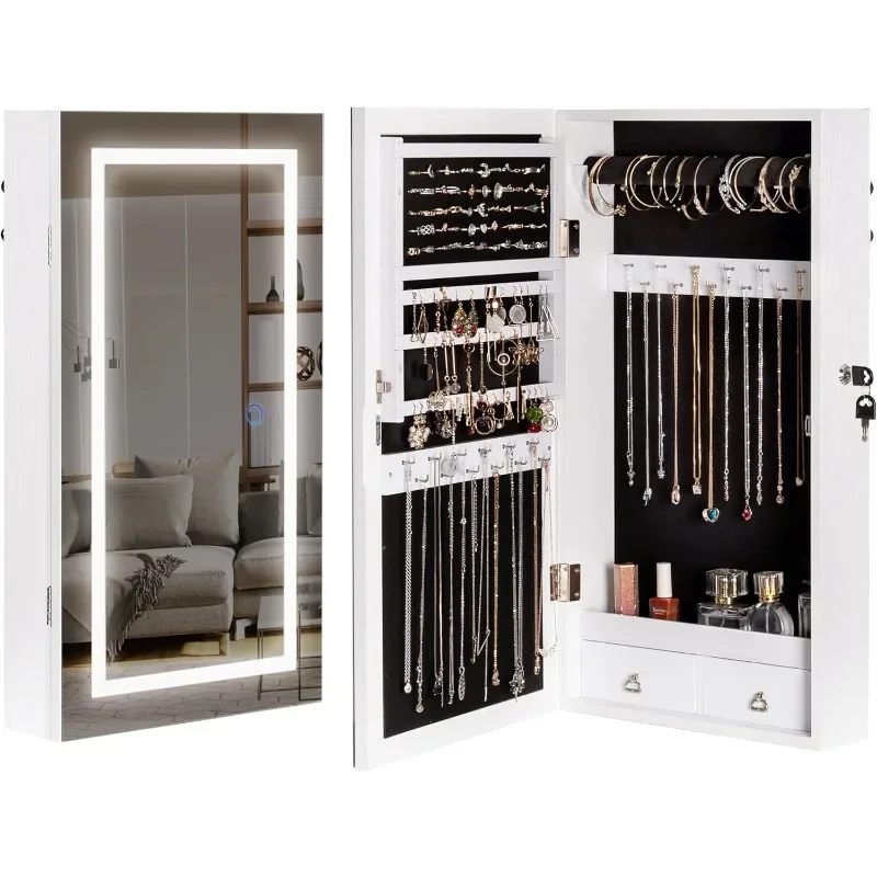 Jewelry Armoire with LED Lighted Mirror, Wall/Door Mounted Frameless Mirror with 3 Color Lights, Lockable Jewelry Cabinet
Jewelry Armoire with LED Lighted Mirror, Wall/Door Mounted Frameless Mirror with 3 Color Lights, Lockable Jewelry Cabinet