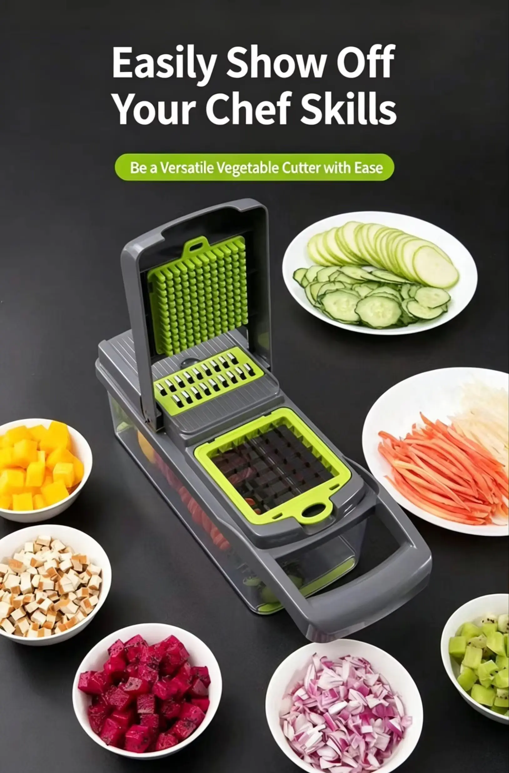 Multi functional 16 piece vegetable slicer 7-in-1 onion diced and shredded chopper with drainage container
Multi functional 16 piece vegetable slicer 7-in-1 onion diced and shredded chopper with drainage container