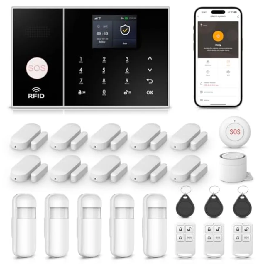 Home security alarm system with WiFi+GSM 4G connectivity, black ABS plastic housing, real-time phone app alerts, door/window se
Home security alarm system with WiFi+GSM 4G connectivity, black ABS plastic housing, real-time phone app alerts, door/window se
