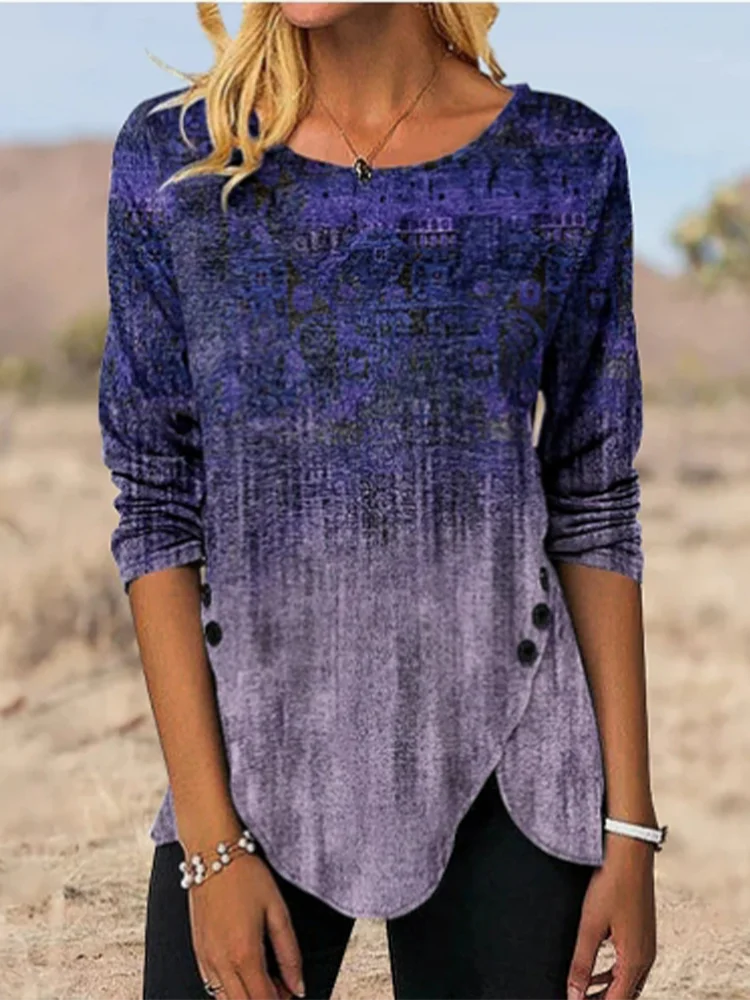 5 Colors Round Neck Button Long Sleeved T-shirt Women's Gradient Printed Casual Pullover Autumn Top
5 Colors Round Neck Button Long Sleeved T-shirt Women's Gradient Printed Casual Pullover Autumn Top