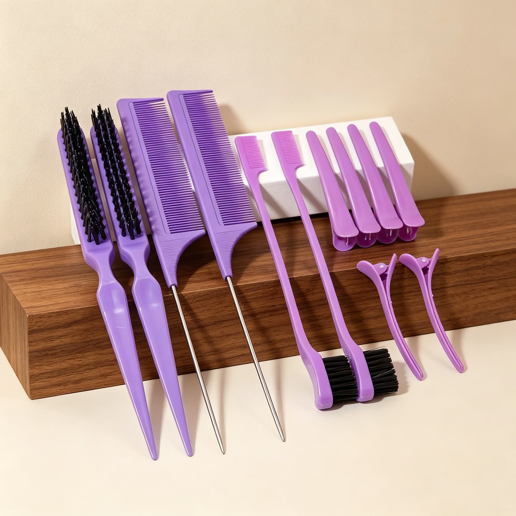 12 piece styling set with pointed tail comb, nylon hair brush, edge control brush, and hair clip, special for real hair wigs
12 piece styling set with pointed tail comb, nylon hair brush, edge control brush, and hair clip, special for real hair wigs