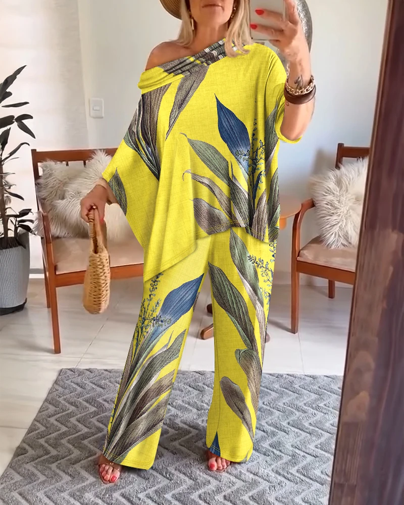 2-piece set of plant printed cold shoulder bat sleeve top and casual wide leg pants set for summer 2025 new women's clothing
2-piece set of plant printed cold shoulder bat sleeve top and casual wide leg pants set for summer 2025 new women's clothing