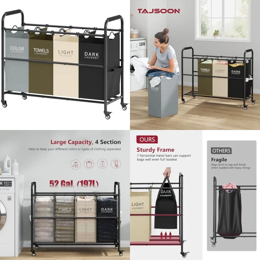 4 Bag Laundry Sorter Cart, 4 Section Laundry Hamper Sorter with Heavy Duty Lockable Rolling Wheels, Laundry Separator Hamper wi
4 Bag Laundry Sorter Cart, 4 Section Laundry Hamper Sorter with Heavy Duty Lockable Rolling Wheels, Laundry Separator Hamper wi