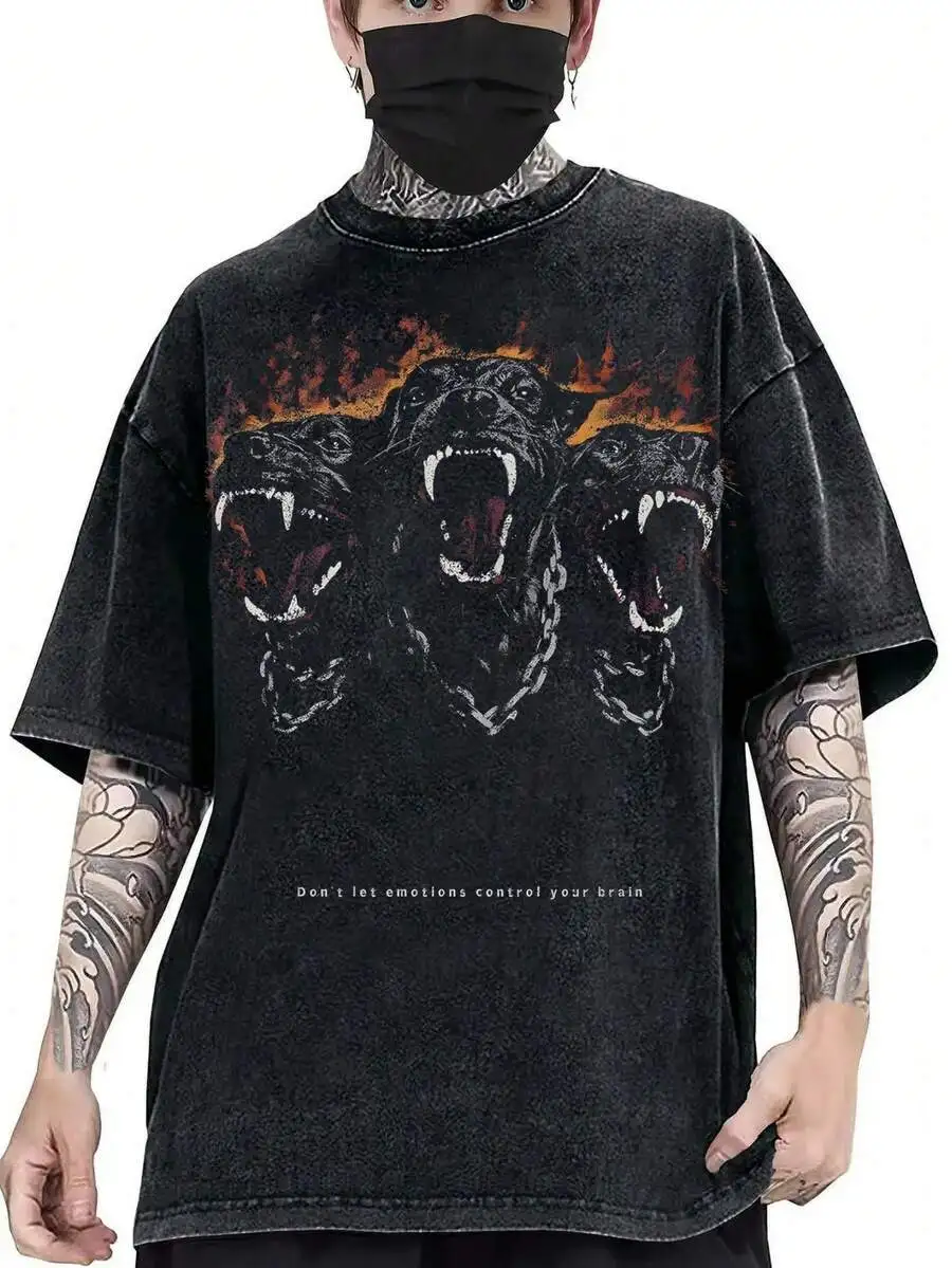 Mens Vintage Wash Loose Fit Tee With Three Headed Beast Flame Chain Graphic Print
Mens Vintage Wash Loose Fit Tee With Three Headed Beast Flame Chain Graphic Print