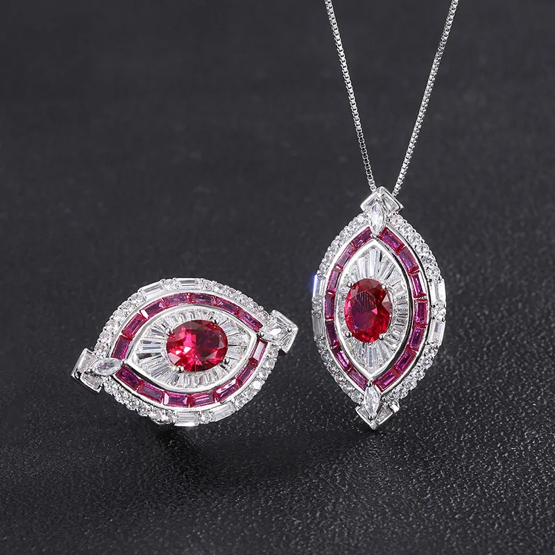 Luxury 8*10mm Ruby Gemstone Pendant Necklace Rings for Women High Carbon Diamond Wedding Cocktail Party Fine Jewelry Sets Gifts
Luxury 8*10mm Ruby Gemstone Pendant Necklace Rings for Women High Carbon Diamond Wedding Cocktail Party Fine Jewelry Sets Gifts