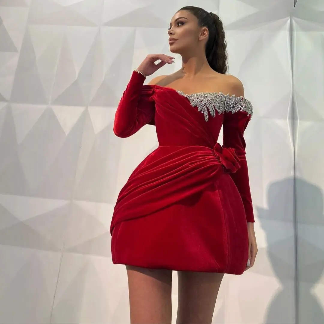 Mini Cocktail Dress Off the Shoulder Long Sleeves Gown Birthday Party Dresses Short Sparkle Crystal A Line Sexy Red Velvet 2025
Mini Cocktail Dress Off the Shoulder Long Sleeves Gown Birthday Party Dresses Short Sparkle Crystal A Line Sexy Red Velvet 2025