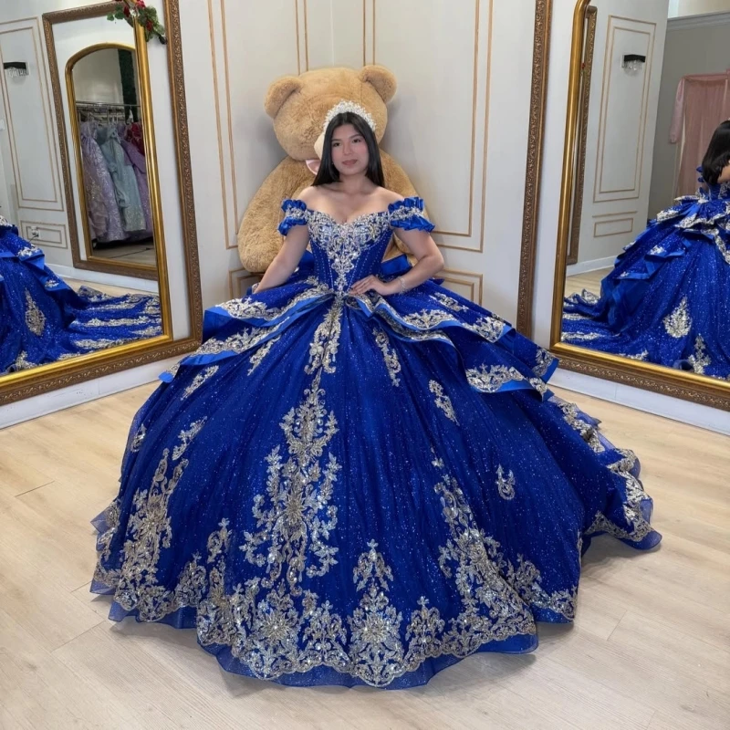 royal blue Shiny Ball Gown Quinceanera Dresses Applique Lace Beading Crystal Bow Tull Corset Off The Shoulder Sweet 16 Dress
royal blue Shiny Ball Gown Quinceanera Dresses Applique Lace Beading Crystal Bow Tull Corset Off The Shoulder Sweet 16 Dress