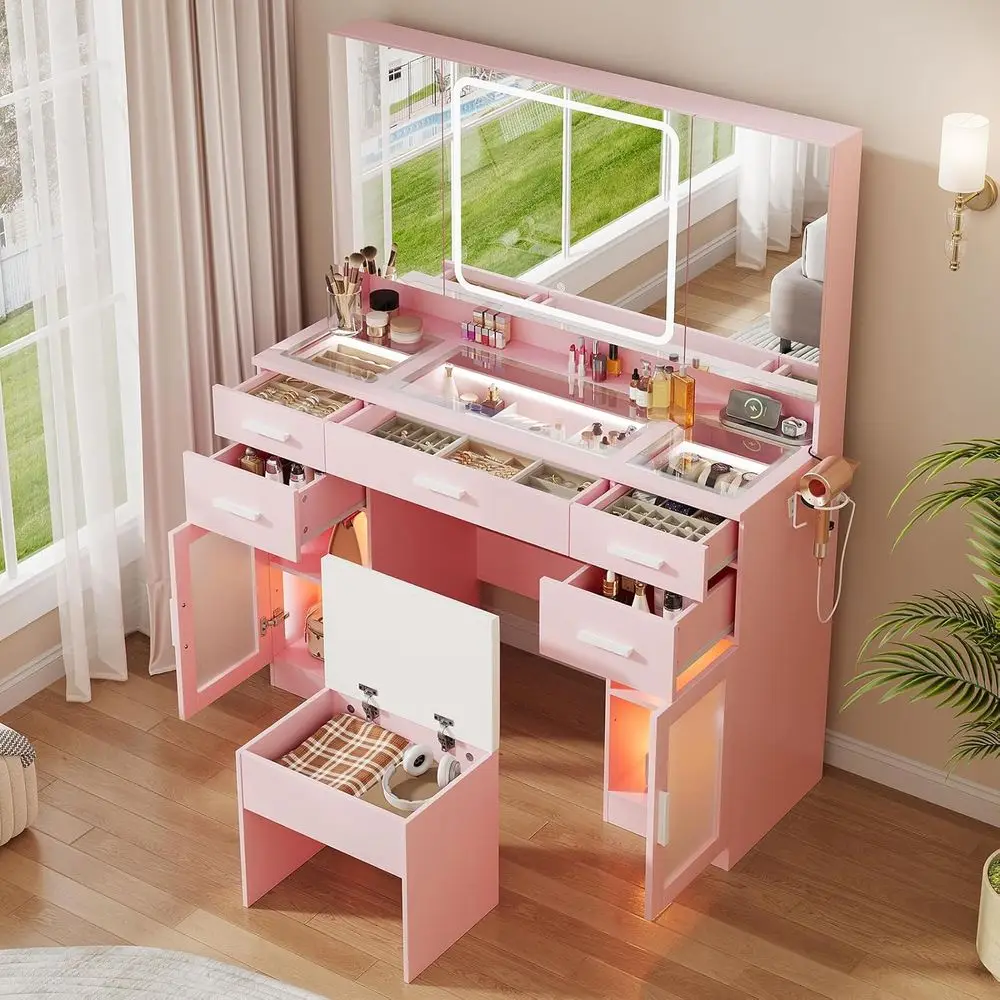 Illuminated Glass Top Vanity Desk with Adjustable Lighting and Power Outlet, Bedroom Makeup Table, Pink
Illuminated Glass Top Vanity Desk with Adjustable Lighting and Power Outlet, Bedroom Makeup Table, Pink