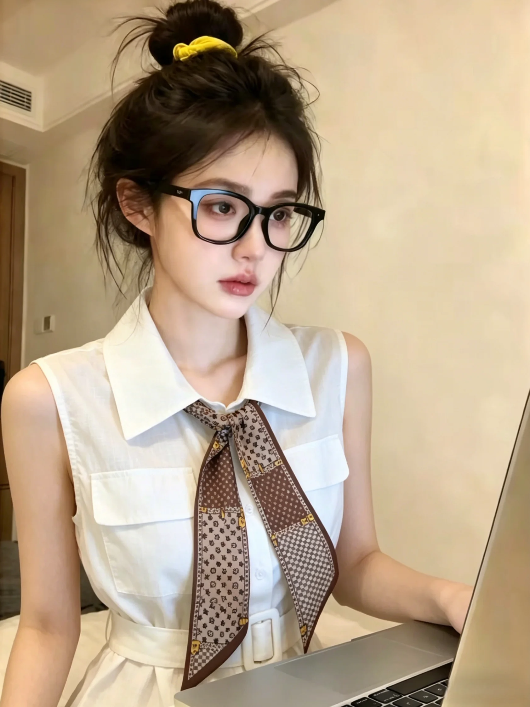 Summer New Style Women's Neck Sleeveless Shirt with Silk Scarf Waist Belt Fashion Slim Fit Korean Style Top
Summer New Style Women's Neck Sleeveless Shirt with Silk Scarf Waist Belt Fashion Slim Fit Korean Style Top