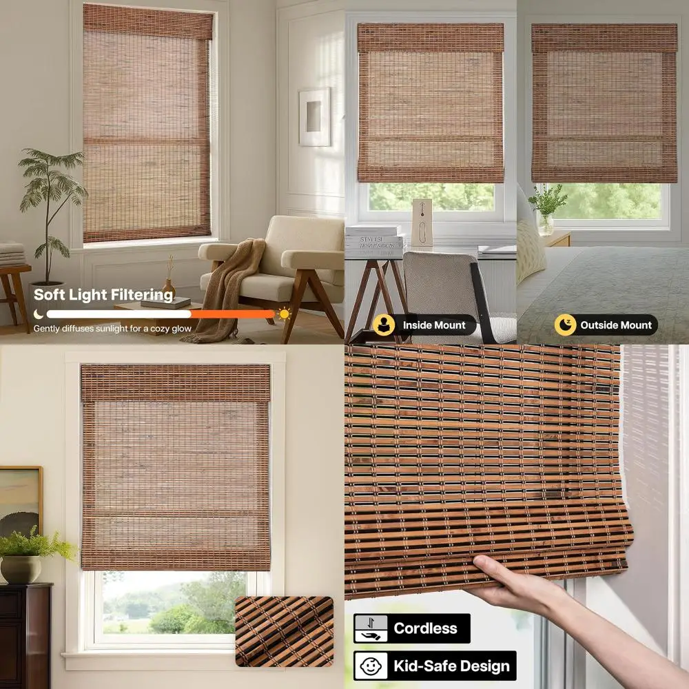 Светофильтрующие бамбуковые римские шторы, беспроводной дизайн для окон, 26,5x48, идеально подходят для гостиной и спальни.
Светофильтрующие бамбуковые римские шторы, беспроводной дизайн для окон, 26,5x48, идеально подходят для гостиной и спальни.