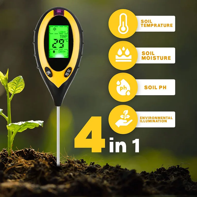 4 in 1 Digital Soil PH Meter Soil Tester Plants Moisture Meter Thermometer Sunlight Tester For Garden Farm Flowers Vegetable
4 in 1 Digital Soil PH Meter Soil Tester Plants Moisture Meter Thermometer Sunlight Tester For Garden Farm Flowers Vegetable