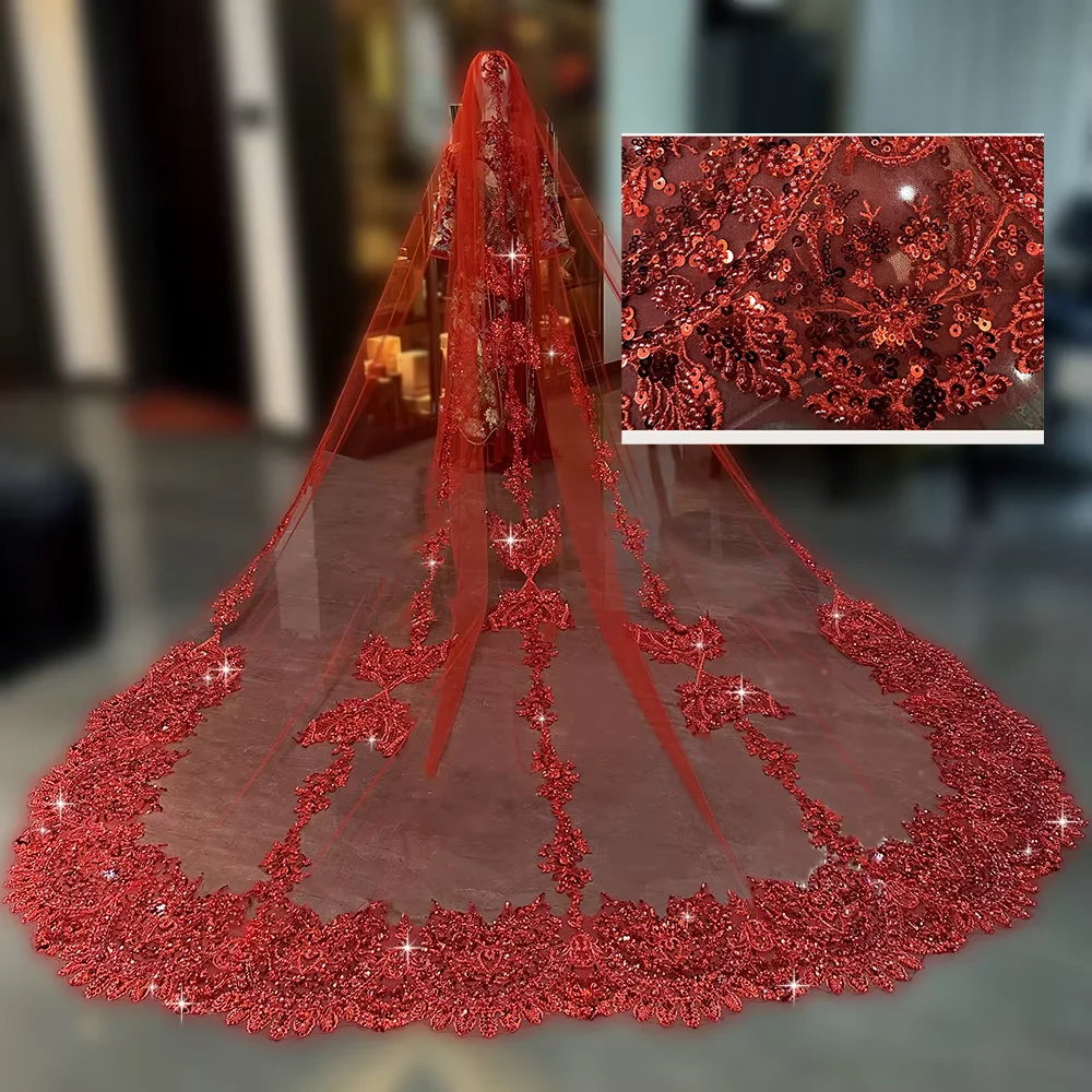 Exquisite Red Wedding Veil Long Bridal Veils Tulle with Applique Shining Beads Sequins 3.5m Long Veils with Comb L&P DQL Studio
Exquisite Red Wedding Veil Long Bridal Veils Tulle with Applique Shining Beads Sequins 3.5m Long Veils with Comb L&P DQL Studio