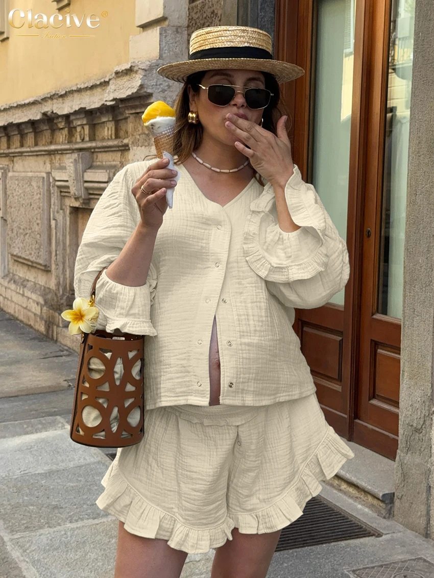 Clacive Fashion Loose Beige Cotton 2 Pieces Set Woman 2025 Elegant Long Sleeve Shirt With High Waist Shorts Set Female Clothing
Clacive Fashion Loose Beige Cotton 2 Pieces Set Woman 2025 Elegant Long Sleeve Shirt With High Waist Shorts Set Female Clothing